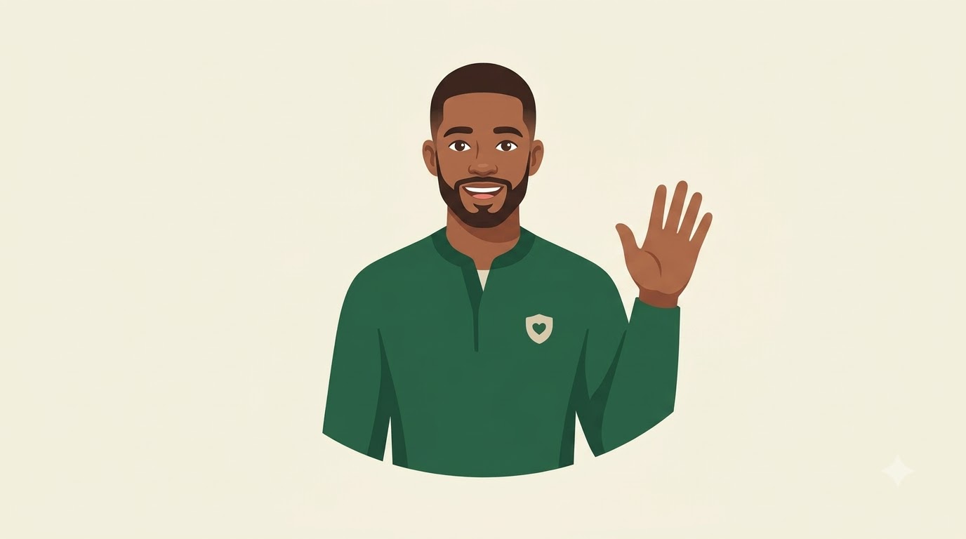 A father waving hello, wearing the green Dad Proof crest over his heart.